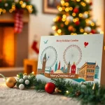 Showcase personalised Christmas cards London with iconic designs in a festive, cozy setting.