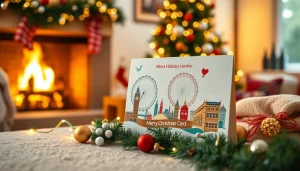 Showcase personalised Christmas cards London with iconic designs in a festive, cozy setting.