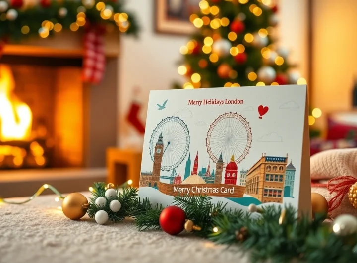 Showcase personalised Christmas cards London with iconic designs in a festive, cozy setting.