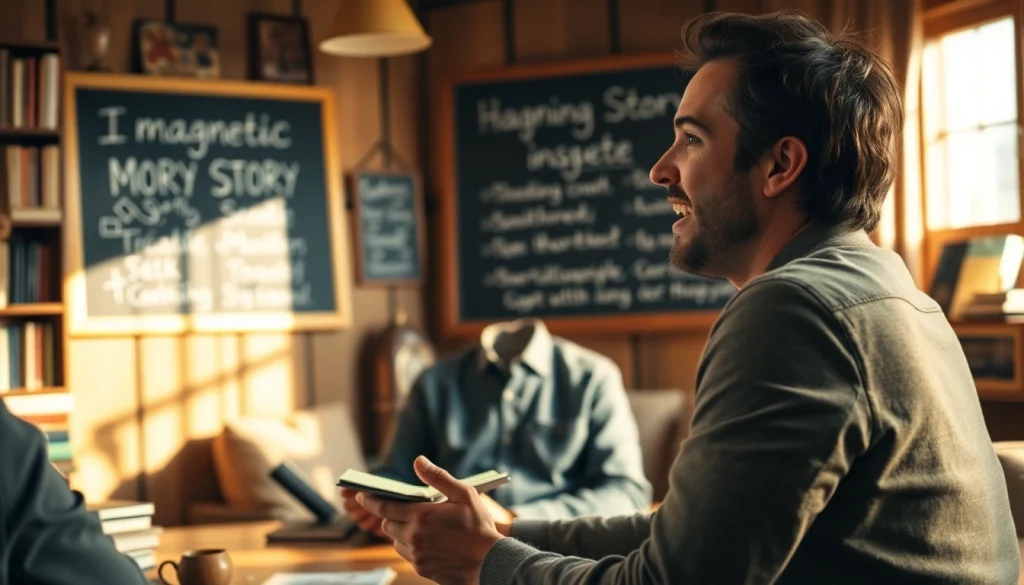 Illustration of Magnetic Story Selling principles in a warm, inviting storytelling setting.
