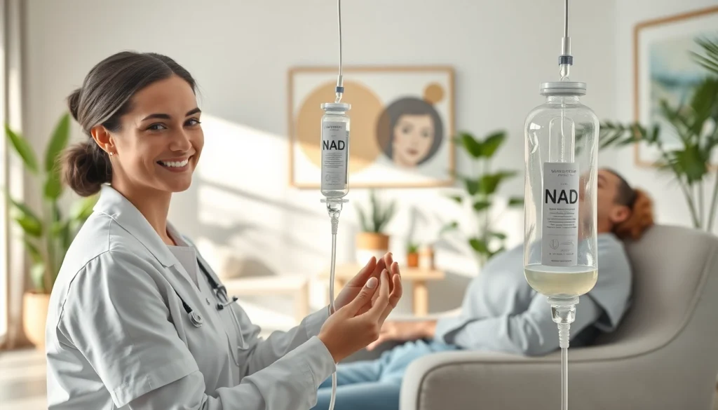 NAD IV therapy near me in a serene wellness setting with a professional nurse assisting a relaxed patient.
