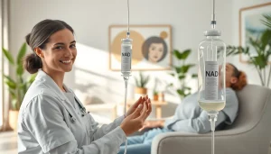 NAD IV therapy near me in a serene wellness setting with a professional nurse assisting a relaxed patient.