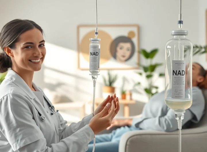 NAD IV therapy near me in a serene wellness setting with a professional nurse assisting a relaxed patient.