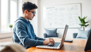 Young developer immersed in web development tasks at a modern office.