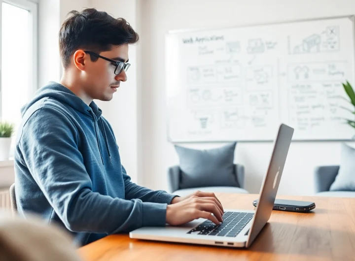 Young developer immersed in web development tasks at a modern office.