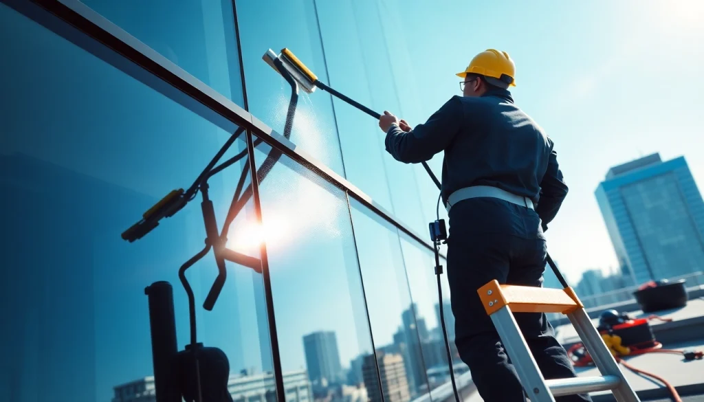 Window cleaning professional washing high-rise skyscraper windows for a pristine view.