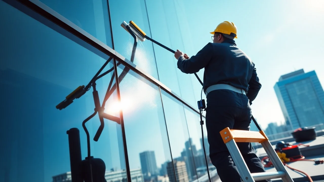 Window cleaning professional washing high-rise skyscraper windows for a pristine view.
