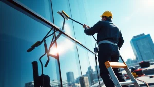 Window cleaning professional washing high-rise skyscraper windows for a pristine view.
