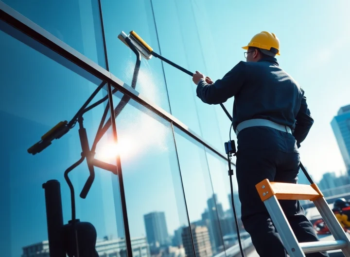 Window cleaning professional washing high-rise skyscraper windows for a pristine view.