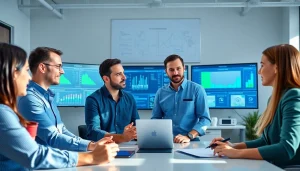 Site reliability engineering experts collaborating in a modern office environment with screens and analytics.
