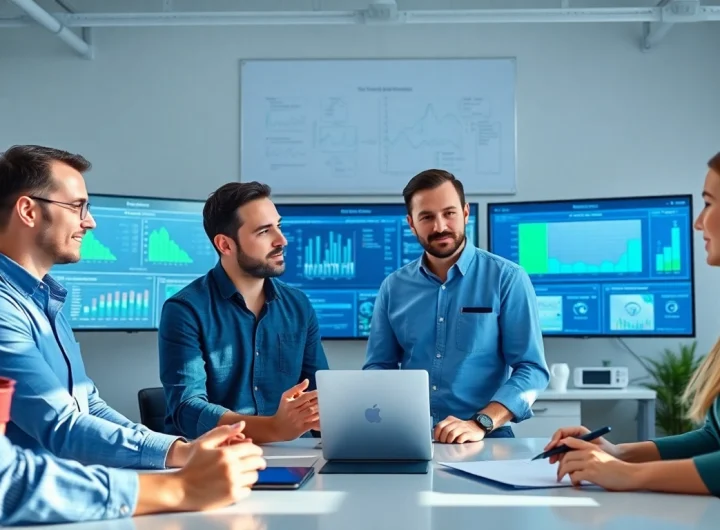 Site reliability engineering experts collaborating in a modern office environment with screens and analytics.