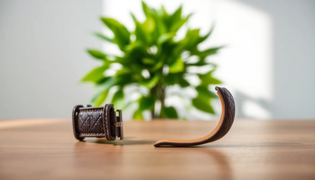 Showcase of a premium leather watch band with intricate details on a minimalist wooden surface.