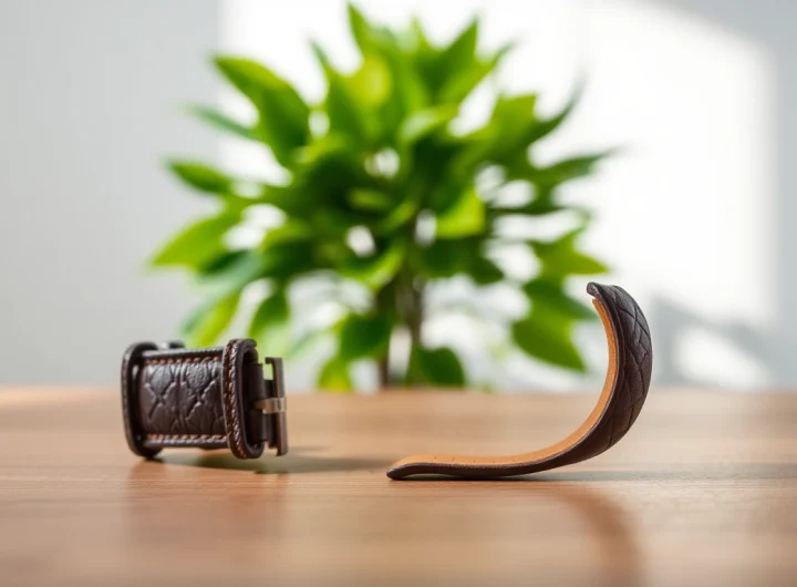 Showcase of a premium leather watch band with intricate details on a minimalist wooden surface.