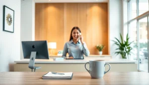 Receptionist answering Phone Answering Calls in a professional and warm reception setting.