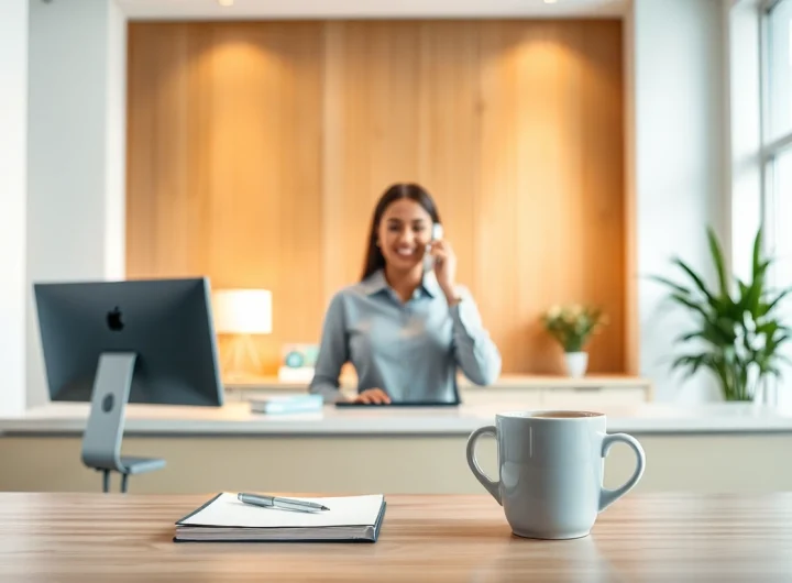 Receptionist answering Phone Answering Calls in a professional and warm reception setting.