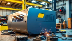 Laser welding machine operating in a bright industrial workshop, highlighting precision and efficiency.