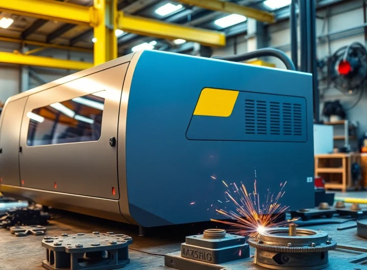 Laser welding machine operating in a bright industrial workshop, highlighting precision and efficiency.