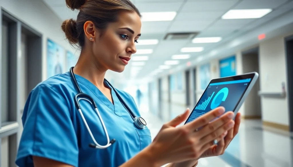 Learn rn ceus with a nurse engaging in online education in a modern healthcare environment.