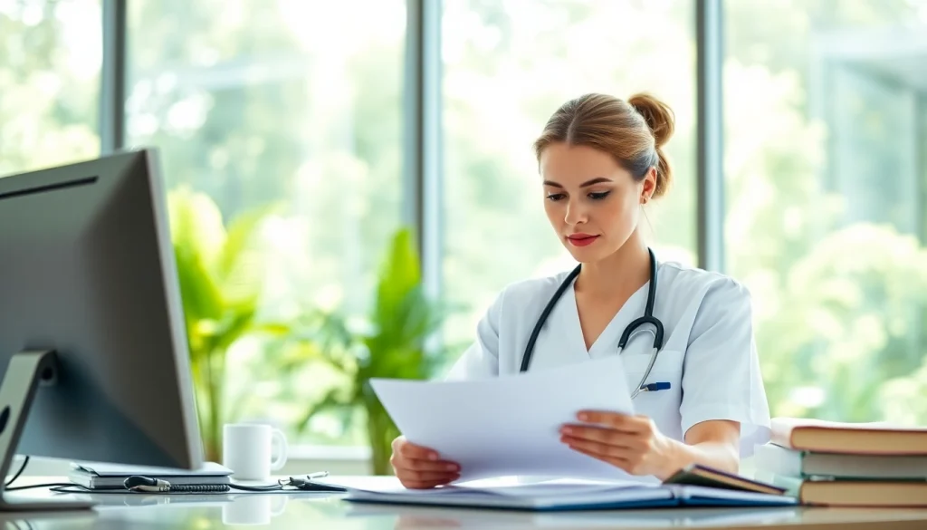 Professional nurse reviewing guidelines from the Alabama Board of Nursing at a desk.