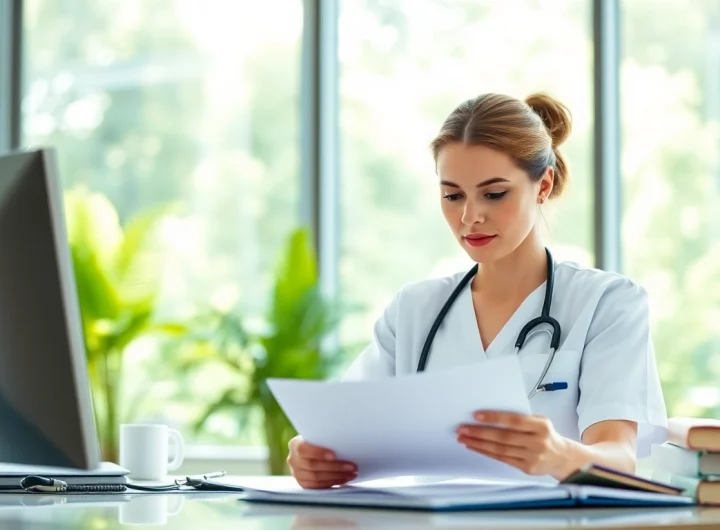 Professional nurse reviewing guidelines from the Alabama Board of Nursing at a desk.