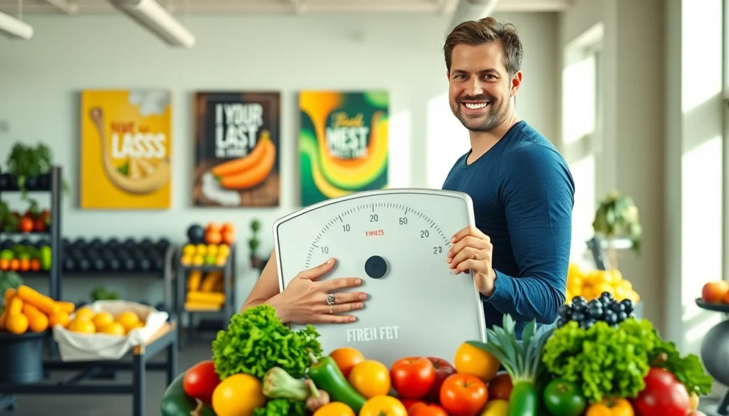 Abnehmen mit einem Fitness-Coach in einem einladenden Fitnessstudio und frischen Lebensmitteln.