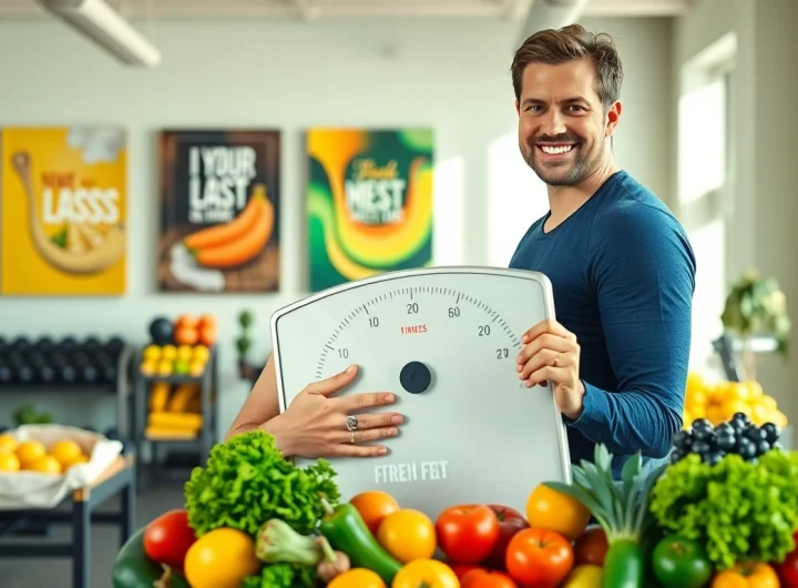 Abnehmen mit einem Fitness-Coach in einem einladenden Fitnessstudio und frischen Lebensmitteln.