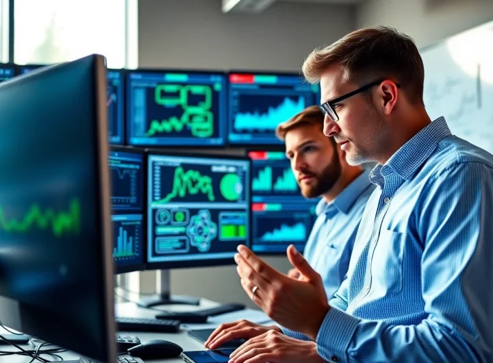 Site reliability engineering experts engaged in a collaborative analysis of system performance data.
