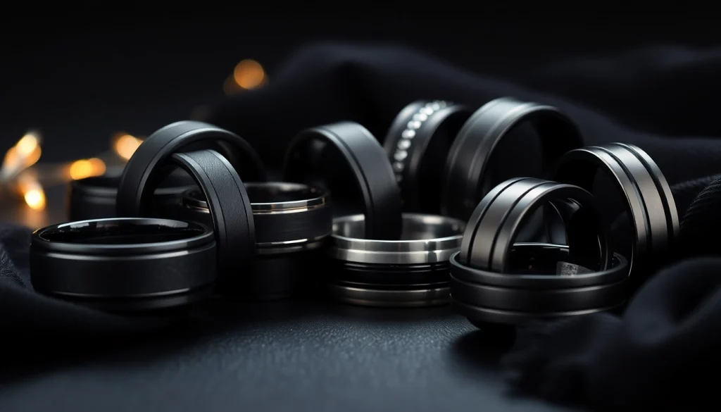 Showcase of men's black wedding bands featuring unique textures and designs, emphasizing modern elegance.