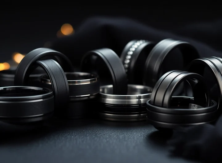Showcase of men's black wedding bands featuring unique textures and designs, emphasizing modern elegance.