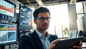 Analyze competitive intelligence data with a focused data analyst in a contemporary office.