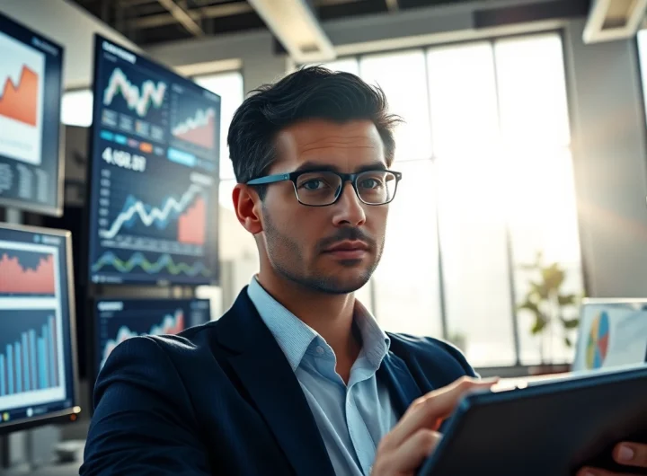 Analyze competitive intelligence data with a focused data analyst in a contemporary office.