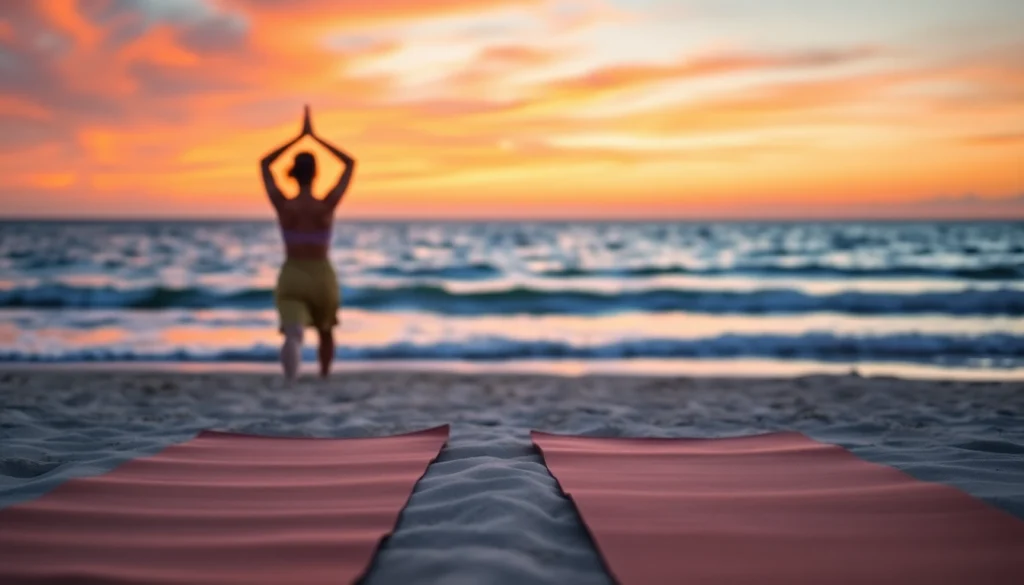 Practicing yoga on the beach helps in dealing with anxiety through relaxation techniques.