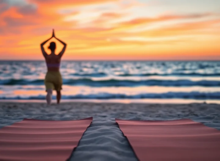 Practicing yoga on the beach helps in dealing with anxiety through relaxation techniques.