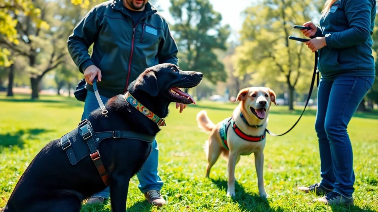 Trained service dogs for sale assisting handlers during an outdoor training session.
