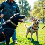 Trained service dogs for sale assisting handlers during an outdoor training session.