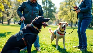 Trained service dogs for sale assisting handlers during an outdoor training session.