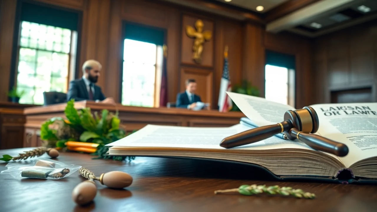Depicting agriculture law in a courtroom with a judge and lawyer presenting their case.