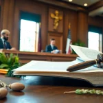 Depicting agriculture law in a courtroom with a judge and lawyer presenting their case.