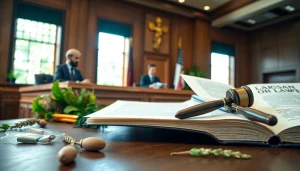 Depicting agriculture law in a courtroom with a judge and lawyer presenting their case.