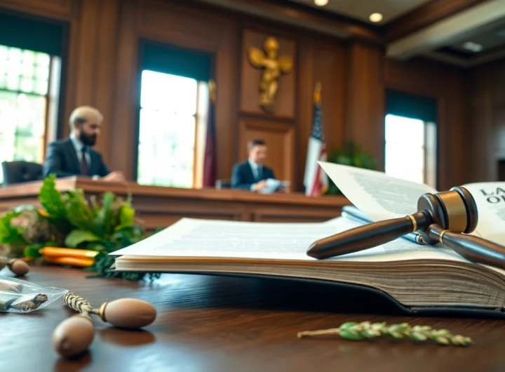 Depicting agriculture law in a courtroom with a judge and lawyer presenting their case.