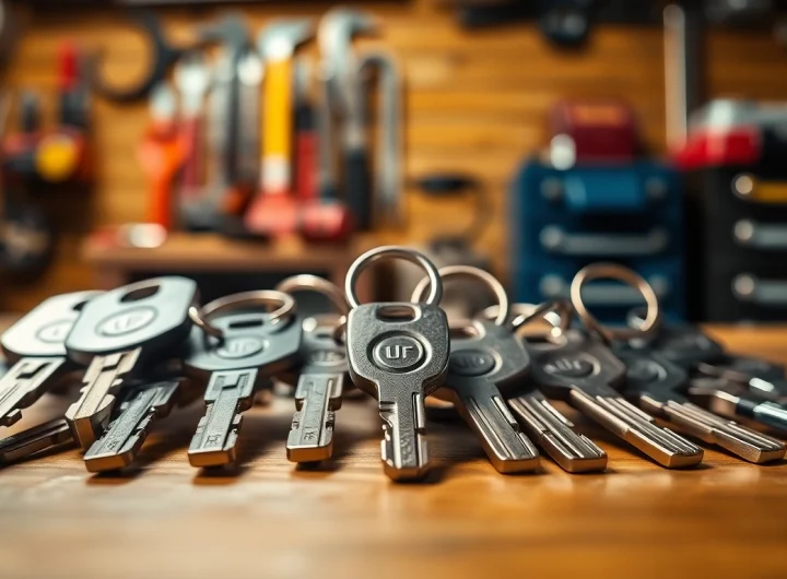 Examine various Truck Keys on a wooden table, showcasing their metallic details and craftsmanship.
