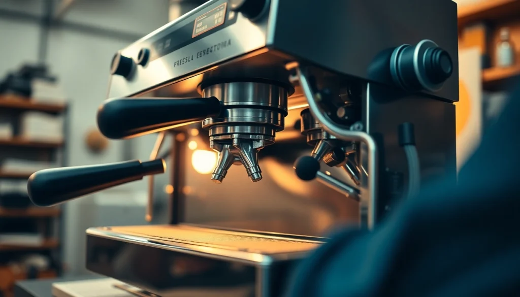 Cimbali tamiri performed by technicians on an industrial espresso machine in a bright workshop.