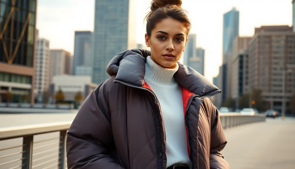Model showcasing Oversize Puffer Jacket in urban setting, highlighting style and comfort.