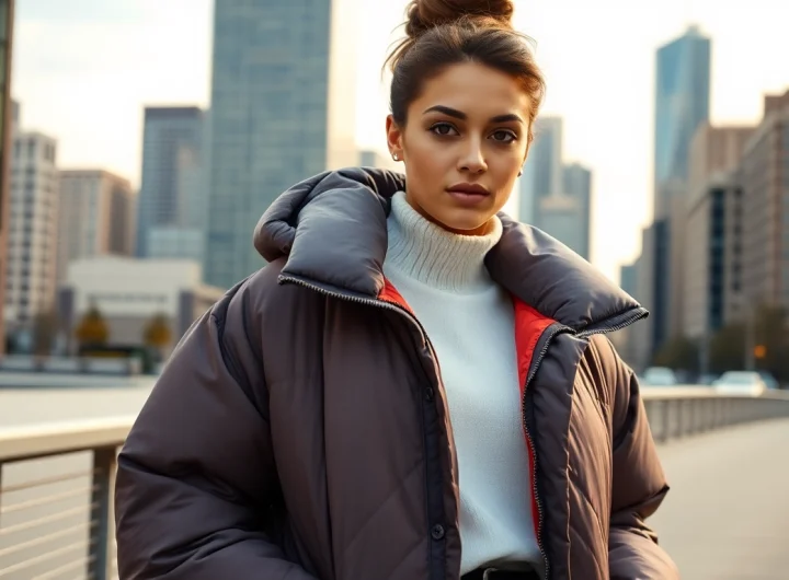 Model showcasing Oversize Puffer Jacket in urban setting, highlighting style and comfort.
