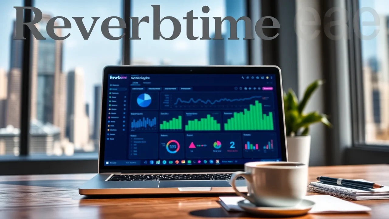 Showcase a laptop representing Reverbtime Magazine with analytics and a dynamic workspace atmosphere.