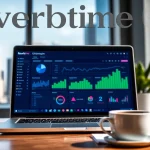 Showcase a laptop representing Reverbtime Magazine with analytics and a dynamic workspace atmosphere.