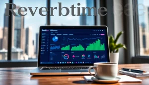 Showcase a laptop representing Reverbtime Magazine with analytics and a dynamic workspace atmosphere.