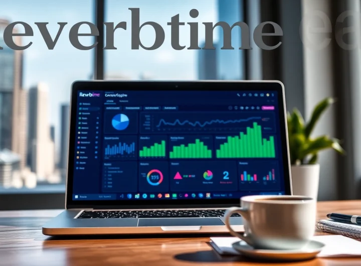 Showcase a laptop representing Reverbtime Magazine with analytics and a dynamic workspace atmosphere.