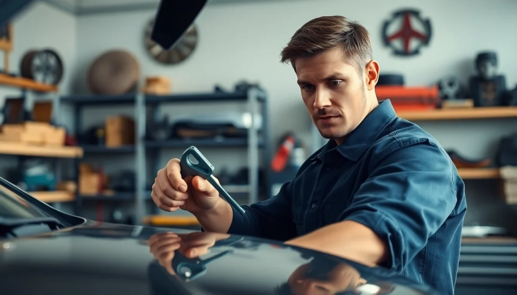Mechanic addressing Keys Locked in Car situation by unlocking a door using a slim jim tool.