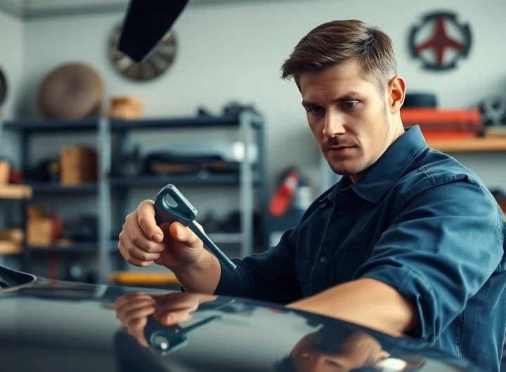 Mechanic addressing Keys Locked in Car situation by unlocking a door using a slim jim tool.